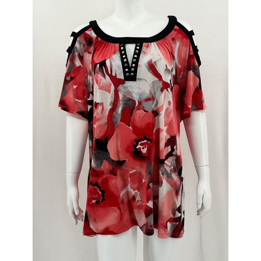 Jennie & Marlis Top Womens 3X Red Black Floral Caged Cold Shoulder Studded Artsy